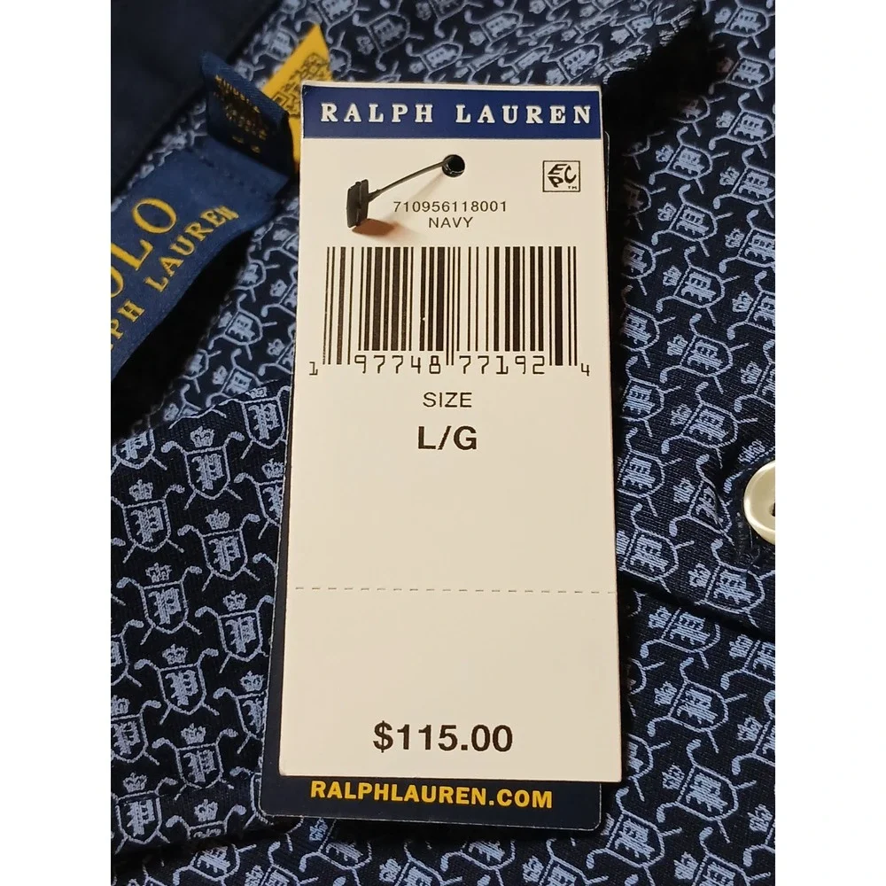NWT Polo Ralph Lauren Mens Large L Navy Blue Geometric Micro Print Polo Shirt